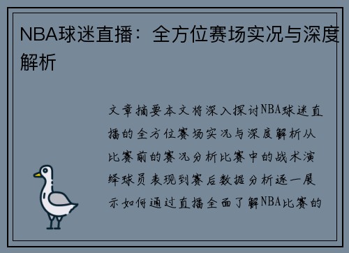 NBA球迷直播：全方位赛场实况与深度解析